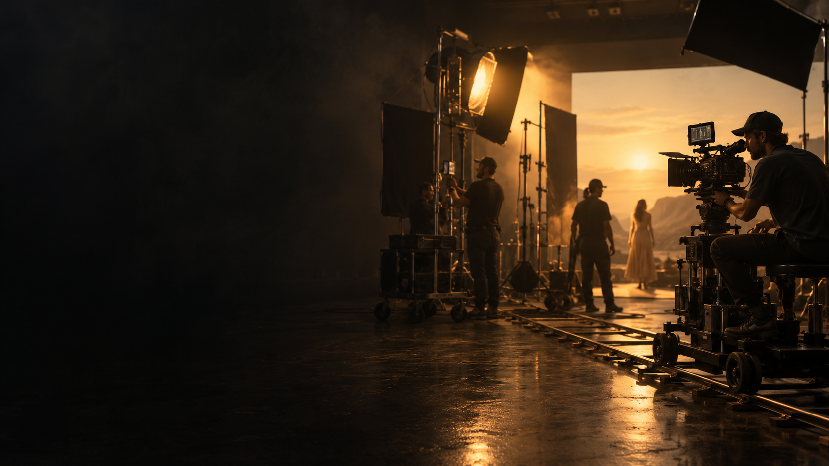 Film crew producing a cinematic scene at sunset
