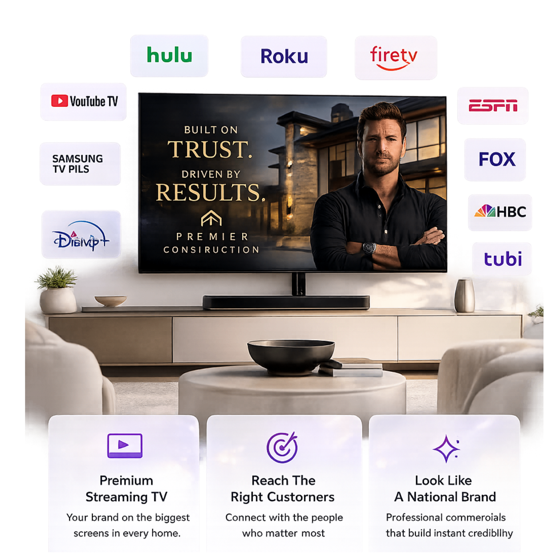 AdTubio streaming TV commercial displayed on a living room TV surrounded by premium streaming platform logos
