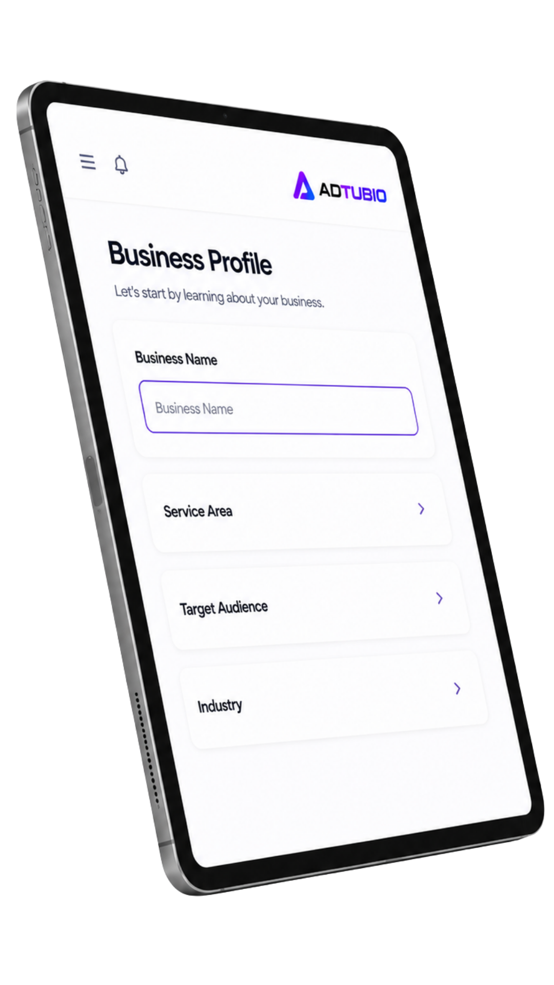 AdTubio Business Profile onboarding on iPad