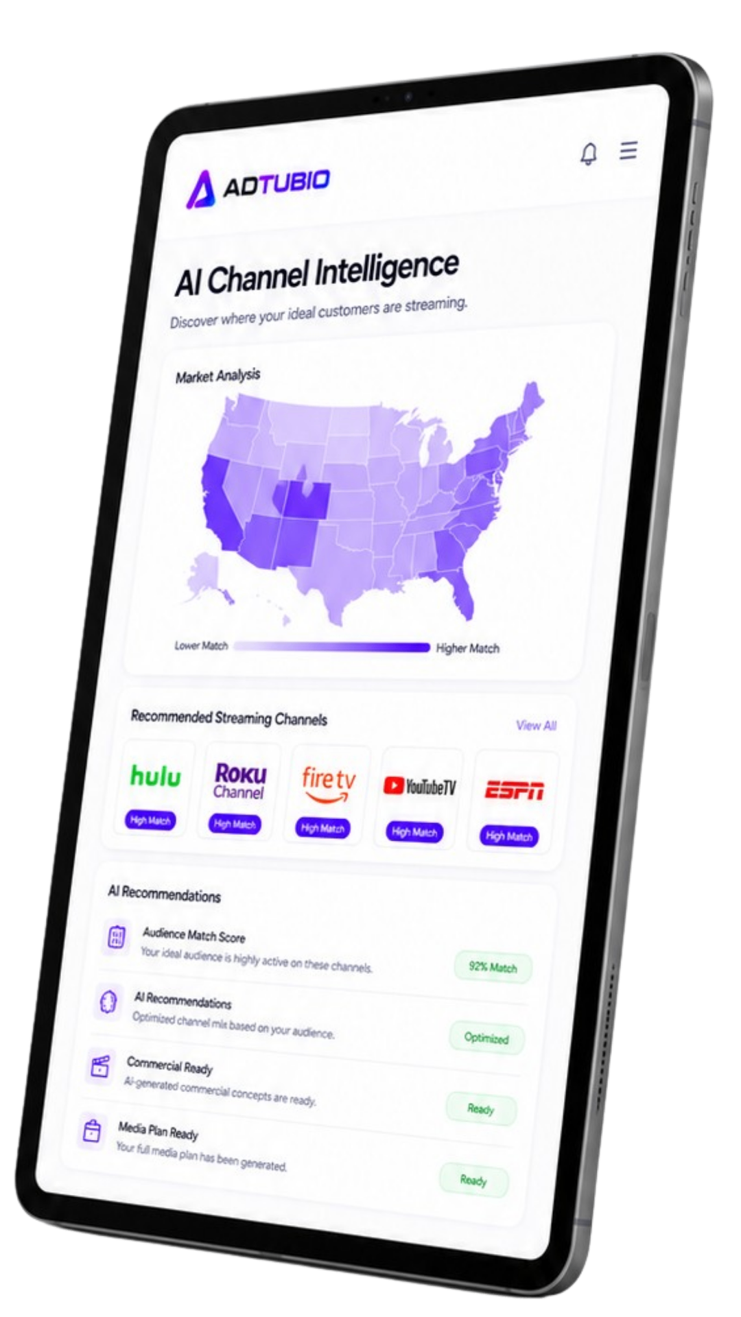 AdTubio AI Channel Intelligence dashboard on a tablet