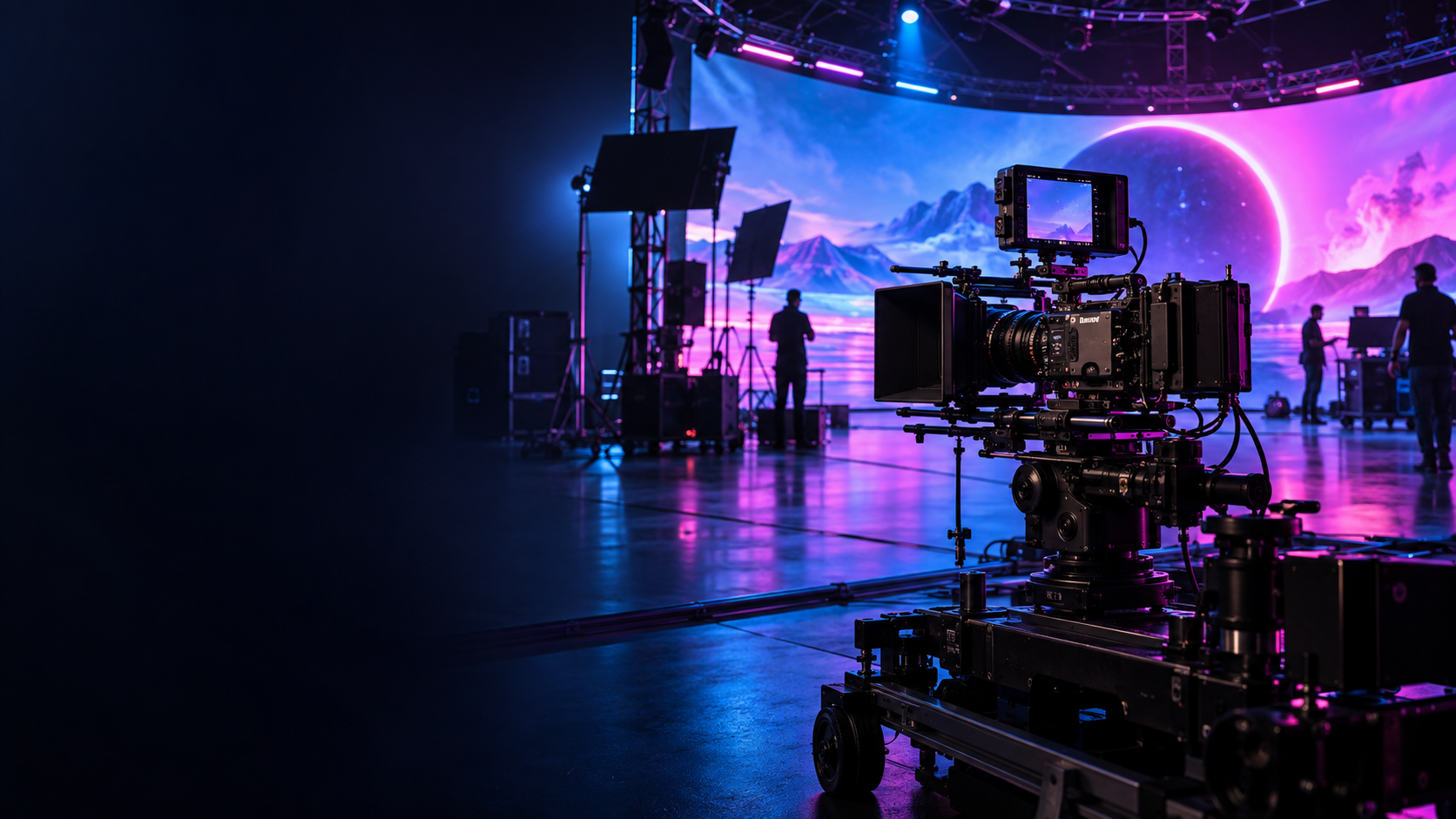 A cinema camera on a dolly track inside a studio lit by blue and magenta light