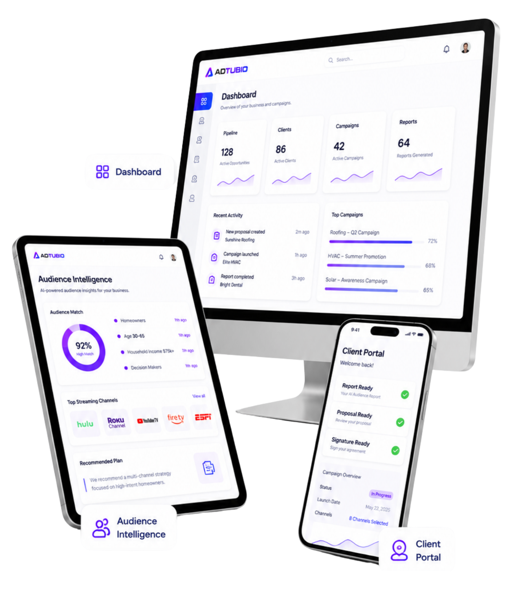 AdTubio platform across desktop, tablet, and mobile