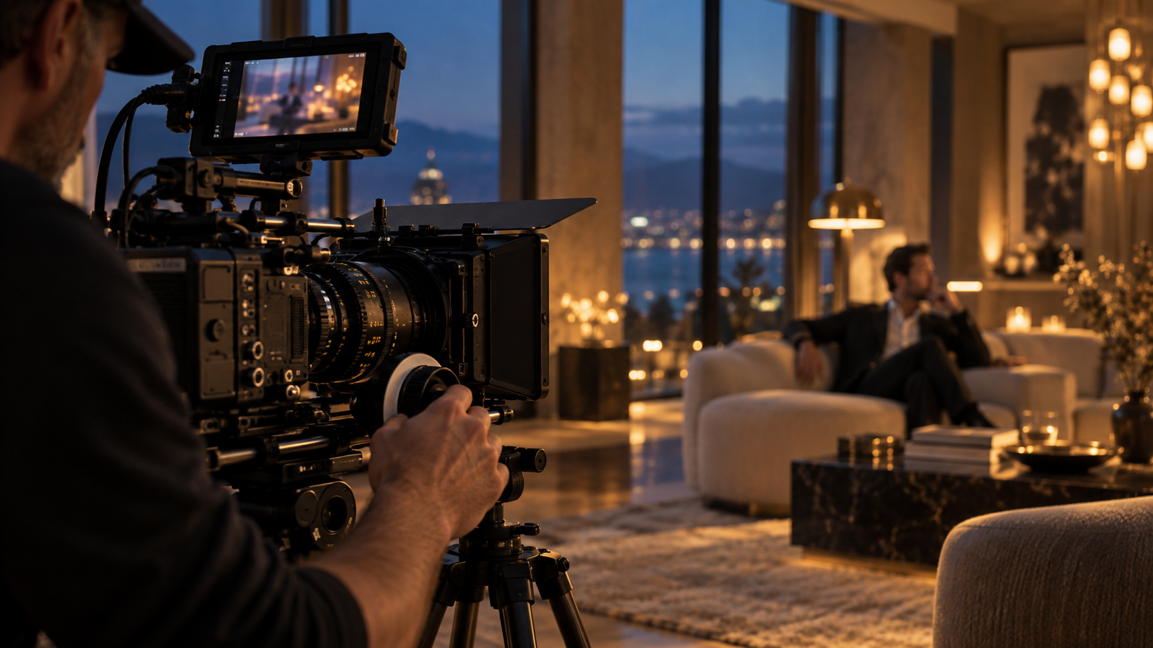 Cinematographer filming a campaign in a modern interior