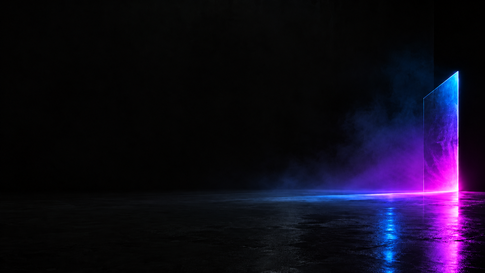 Neon blue and magenta doorway reflected across a dark studio floor