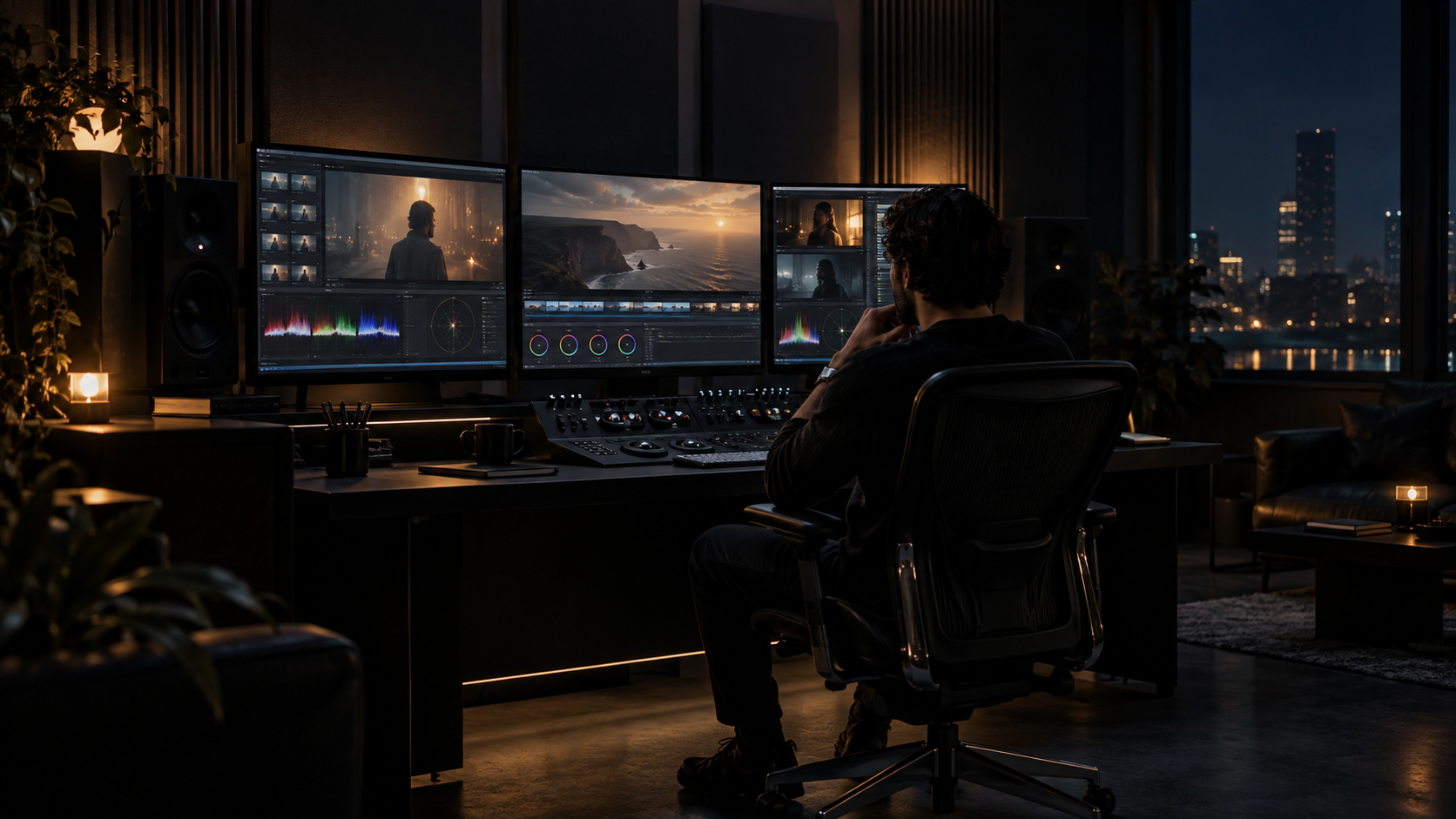 Editor working in a professional post-production suite