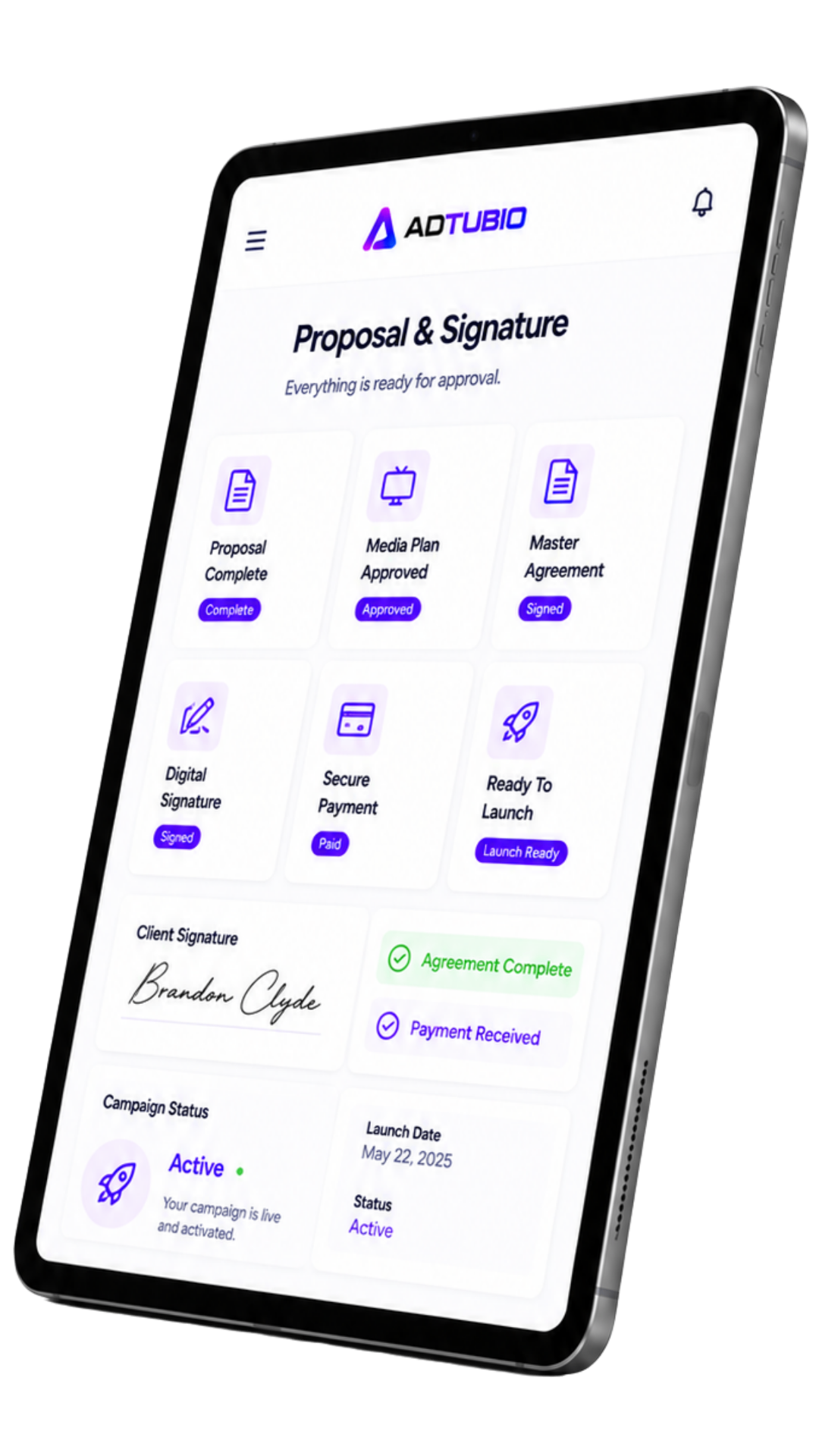 AdTubio proposal, signature, payment, and campaign launch tablet