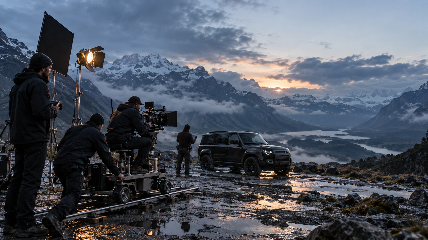Film crew producing a vehicle campaign in the mountains