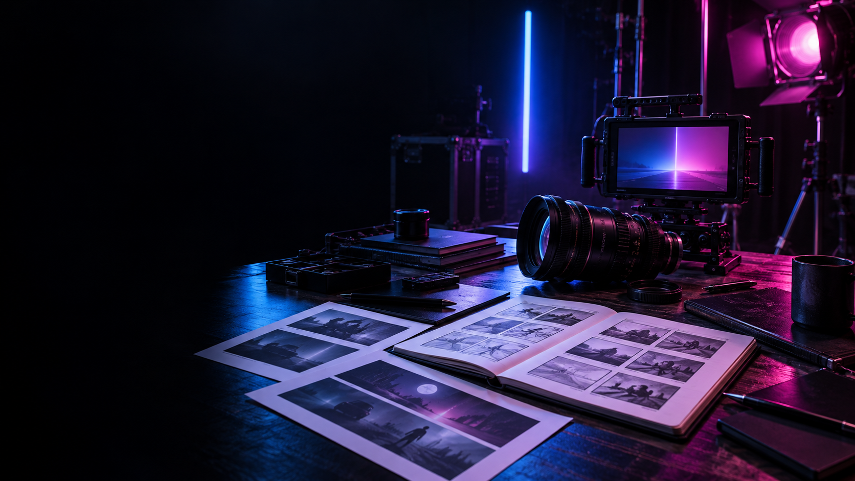 Storyboards, prints, and a cinema camera lit by blue and magenta light on a production desk
