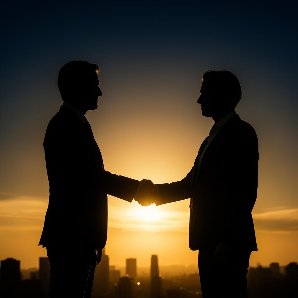 Two professionals shaking hands at sunset