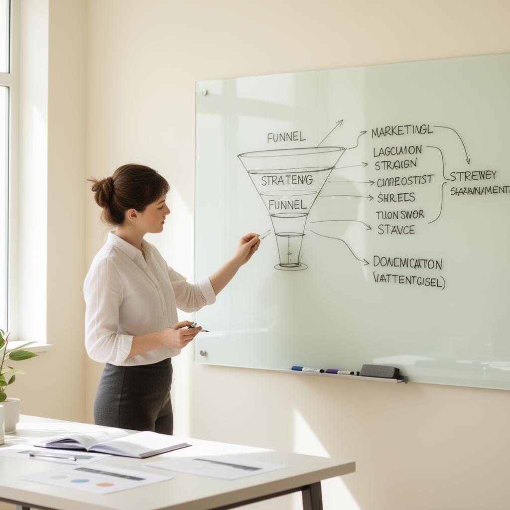 Strategist mapping a funnel on a whiteboard