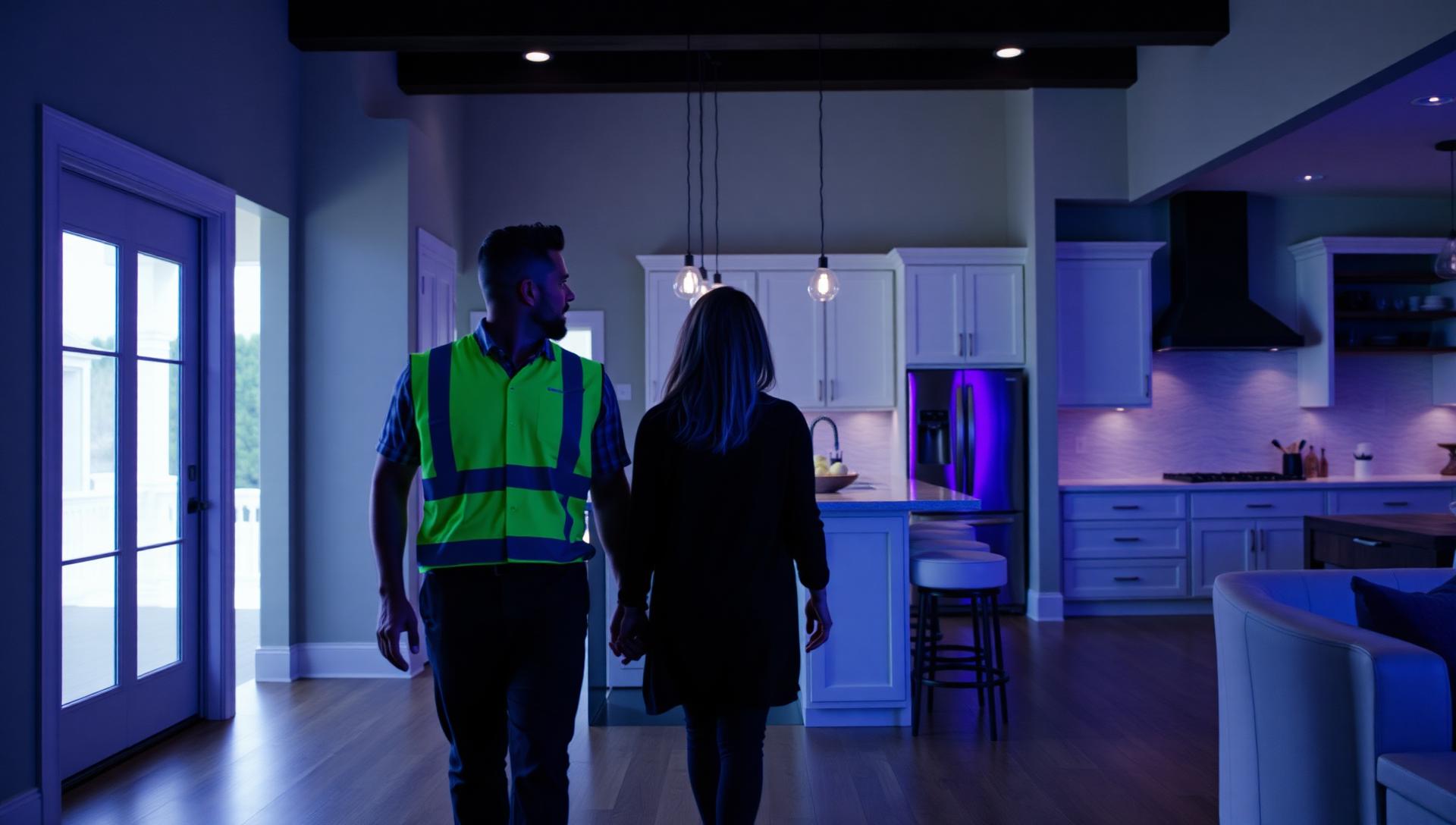 Happy family touring a bright newly-built custom home with their builder
