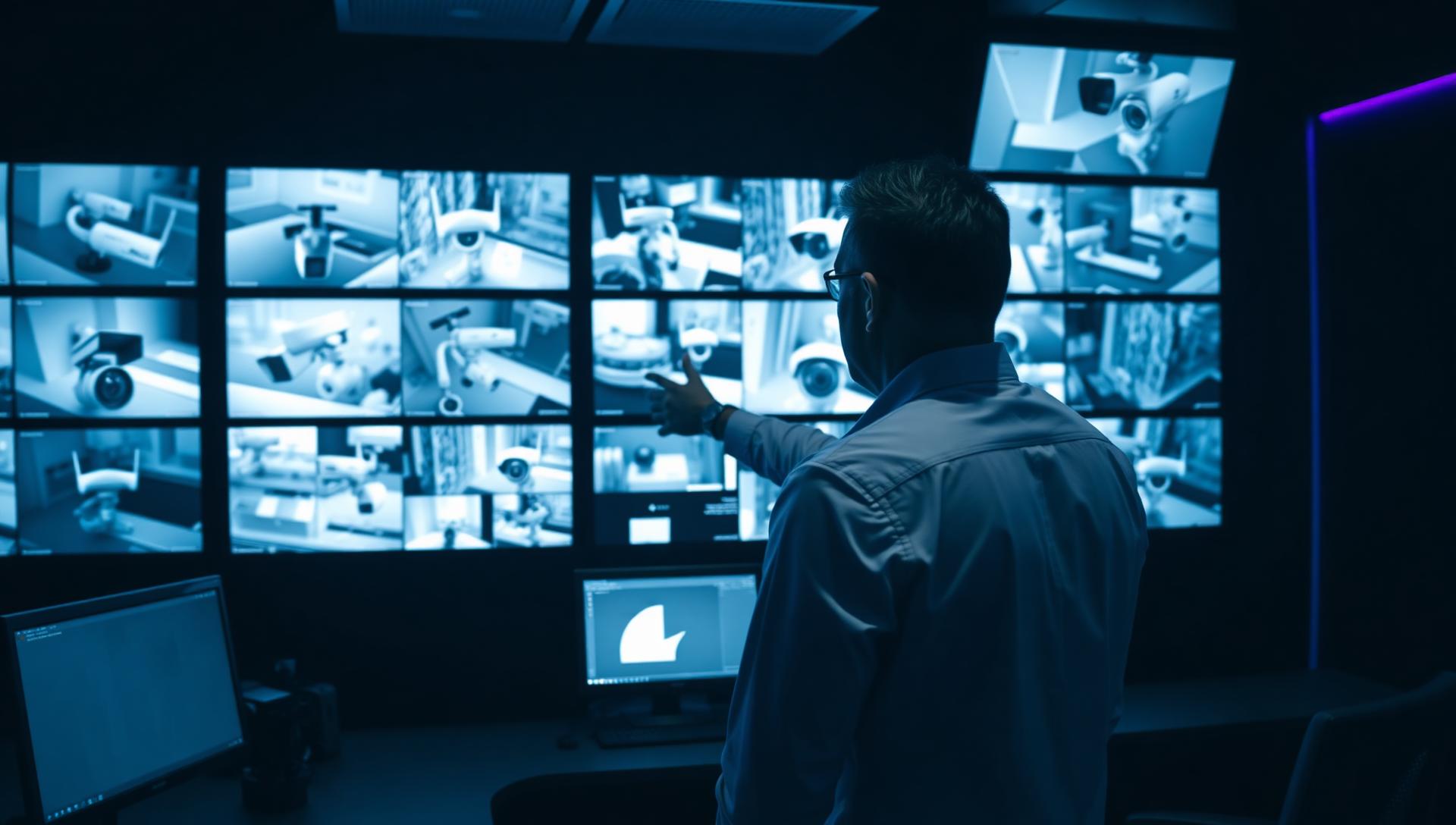 Security operations center with monitored CCTV feeds across commercial sites