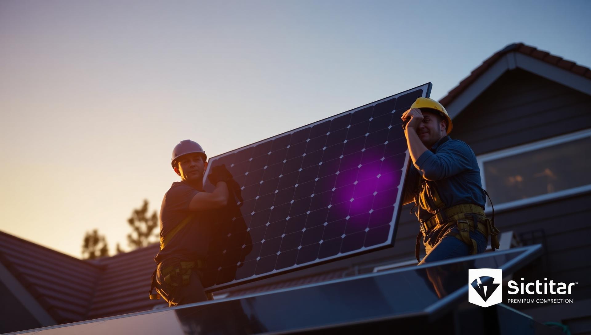 Solar installer mounting glossy black panels on residential roof