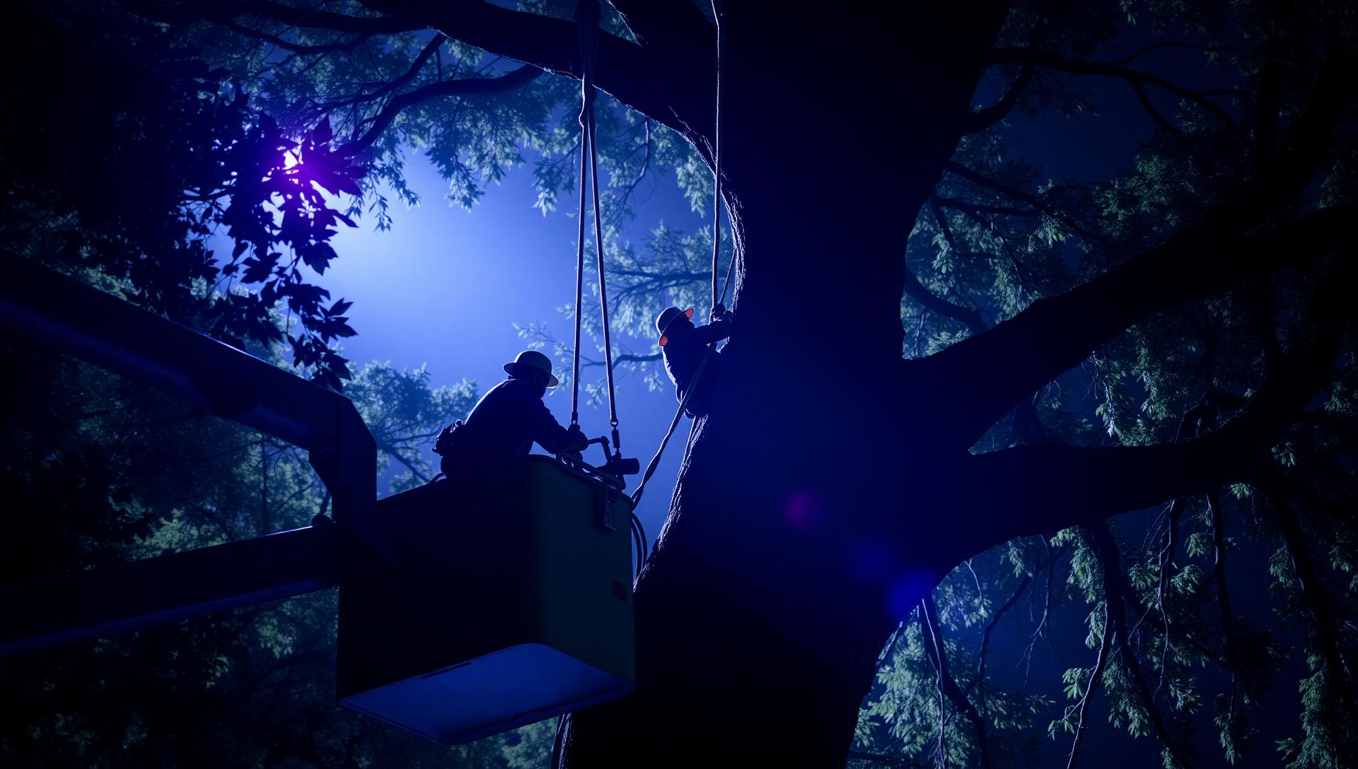 Tree service crew with bucket truck and wood chipper