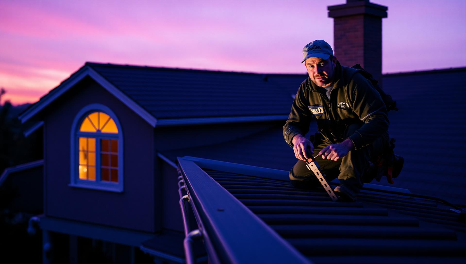 Worker installing seamless aluminum gutter on a suburban home