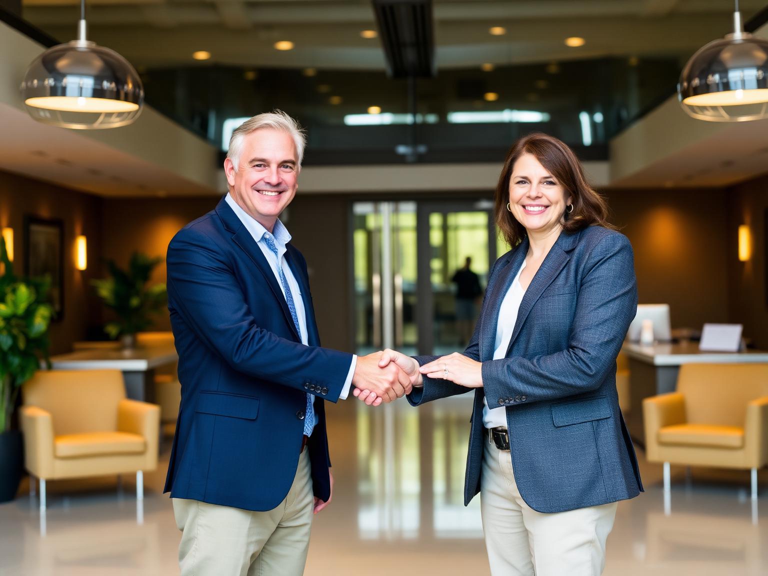 Welcome handshake in a modern office lobby