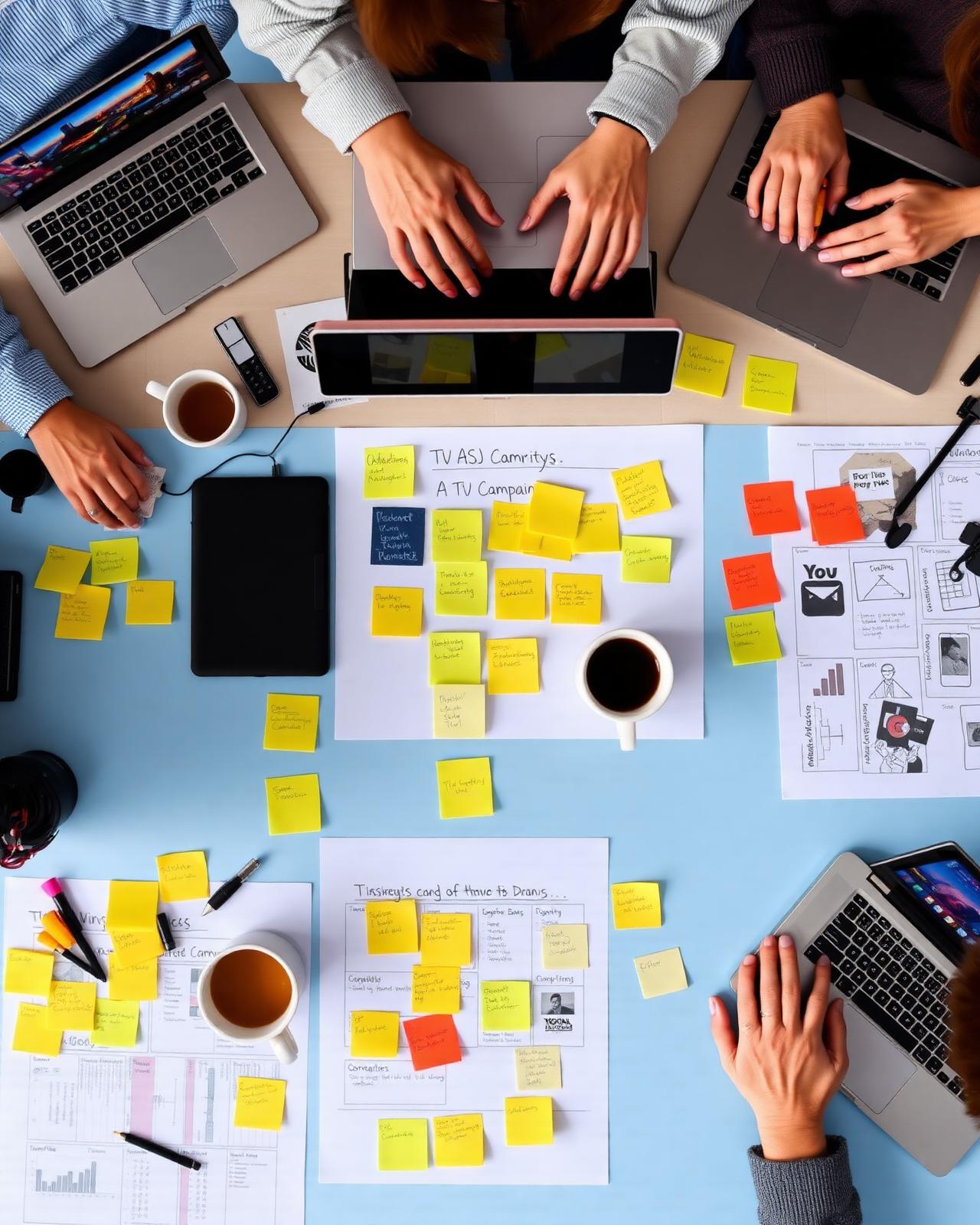 Creative workspace with sticky notes and laptops