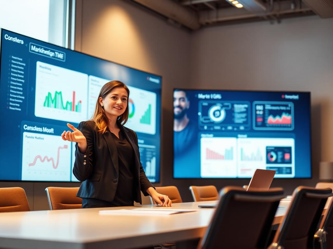 Team member presenting marketing dashboards in a conference room