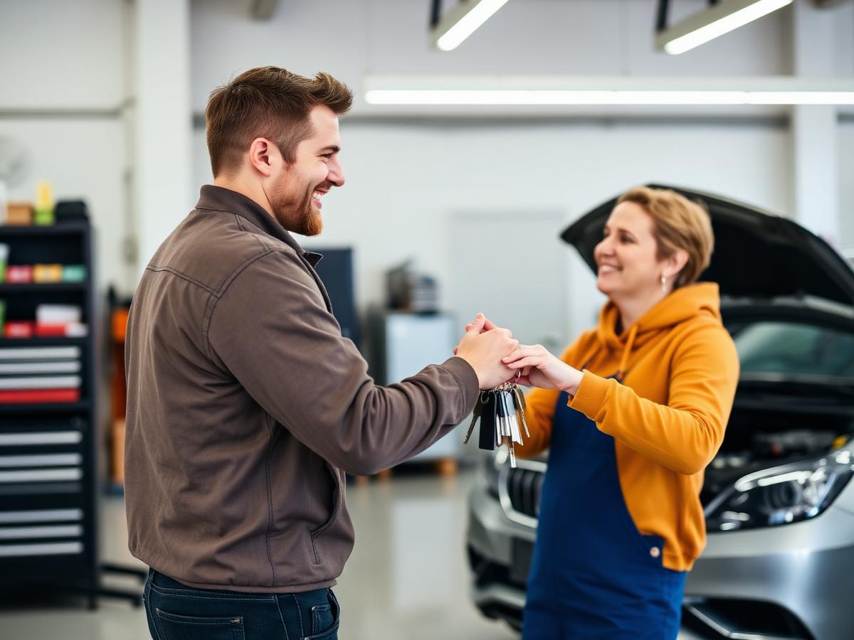 Happy customer receiving keys back from smiling mechanic