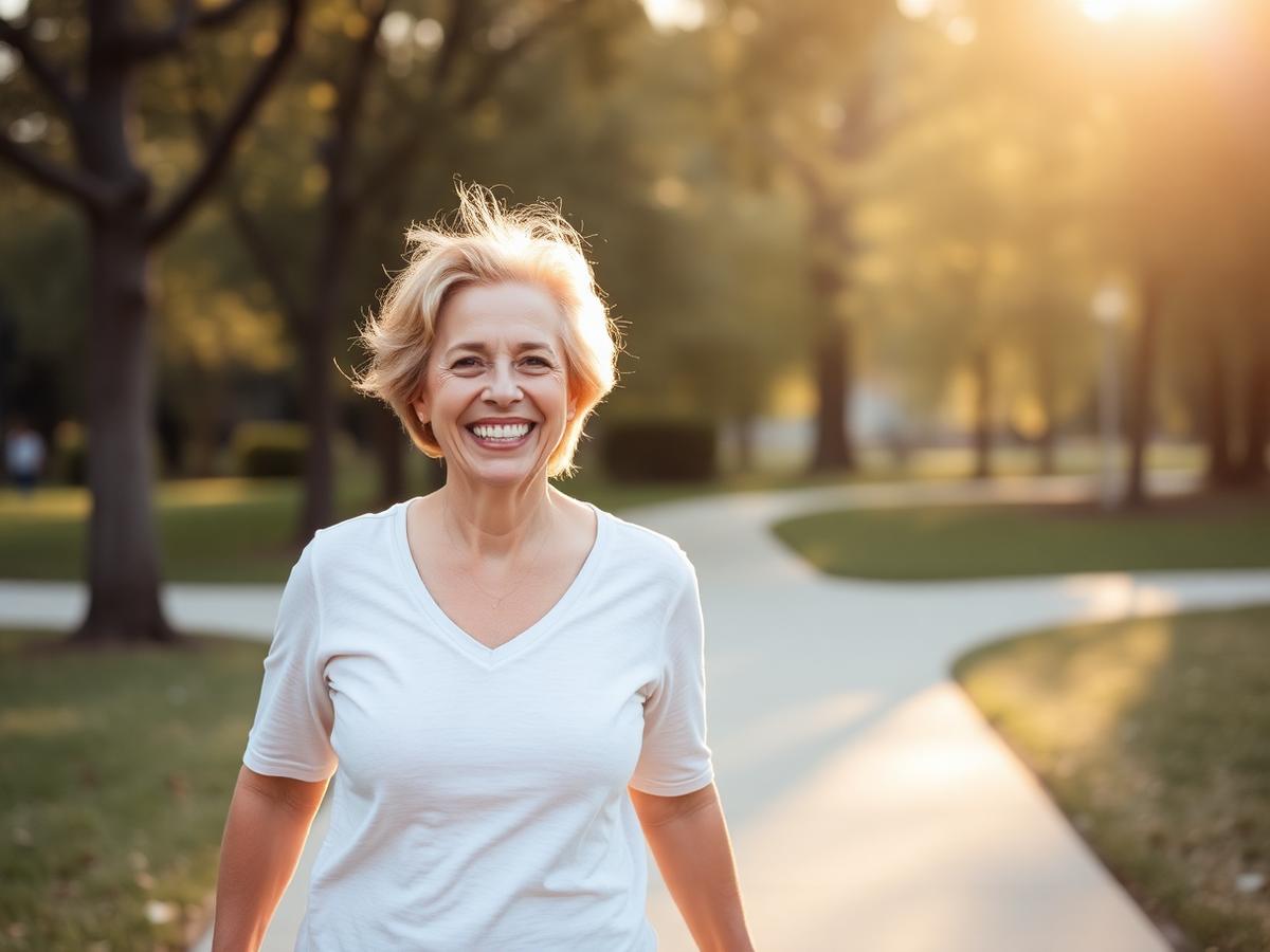 Happy active person walking pain-free outdoors in the park