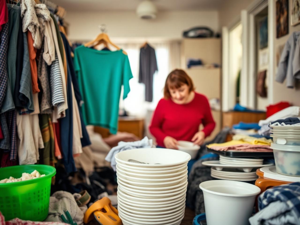 Cluttered home interior with overwhelmed parent