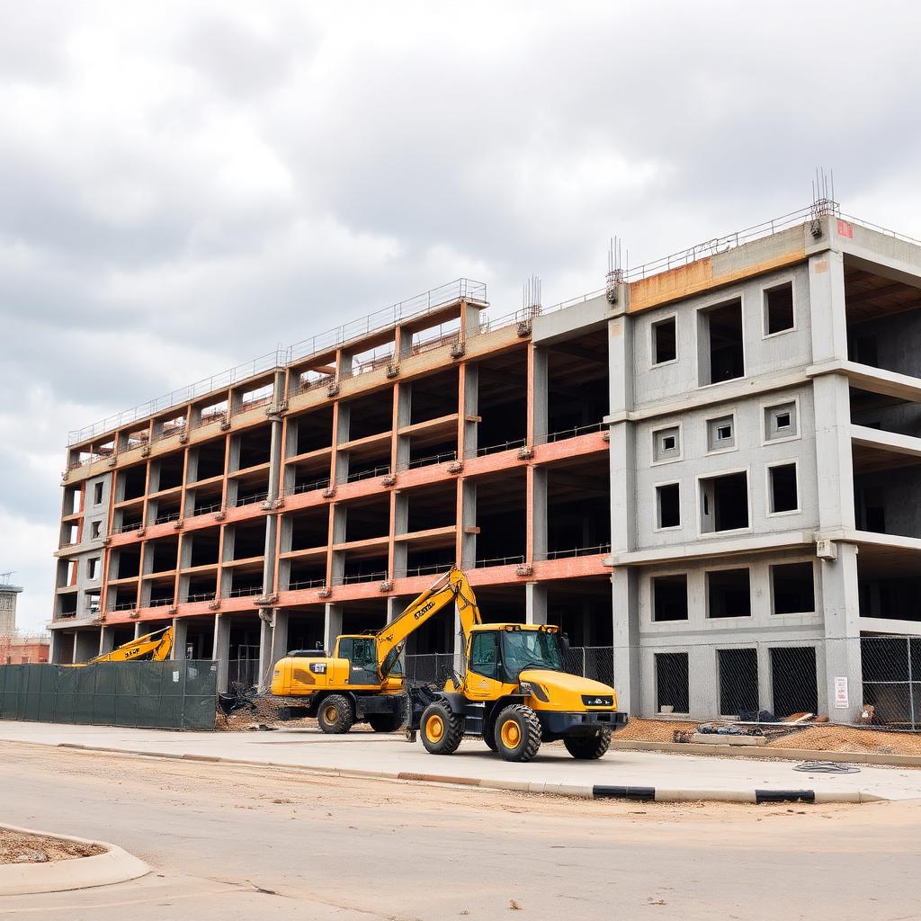 Stalled commercial building shell with idle construction equipment on an overcast day