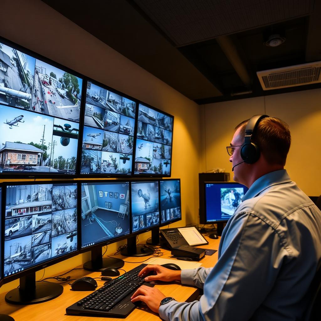 Security operations center with monitored CCTV feeds across commercial sites
