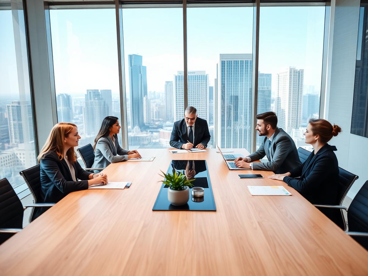 Professional services team meeting around modern conference table with city view