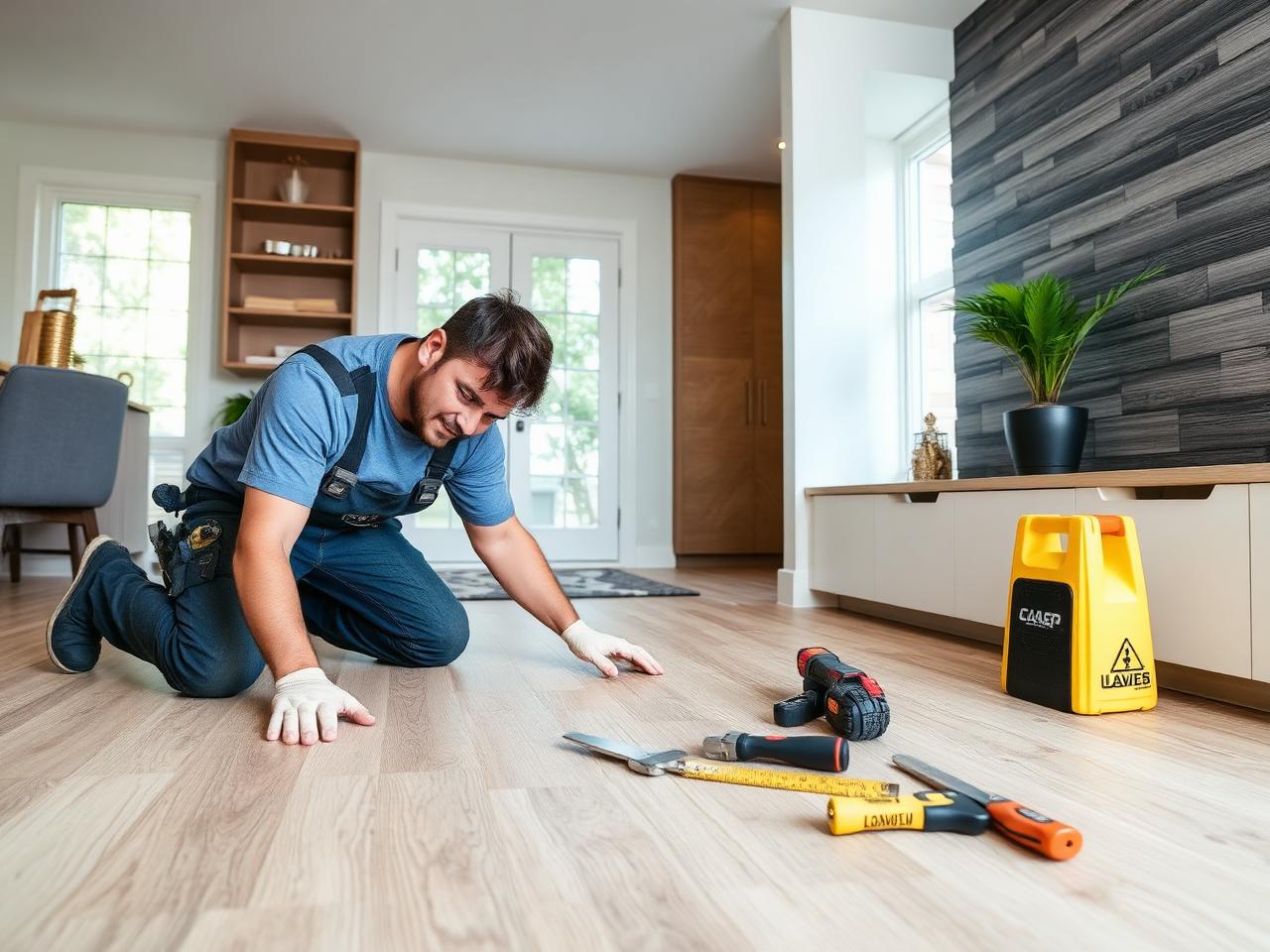 Professional flooring installer laying luxury vinyl plank