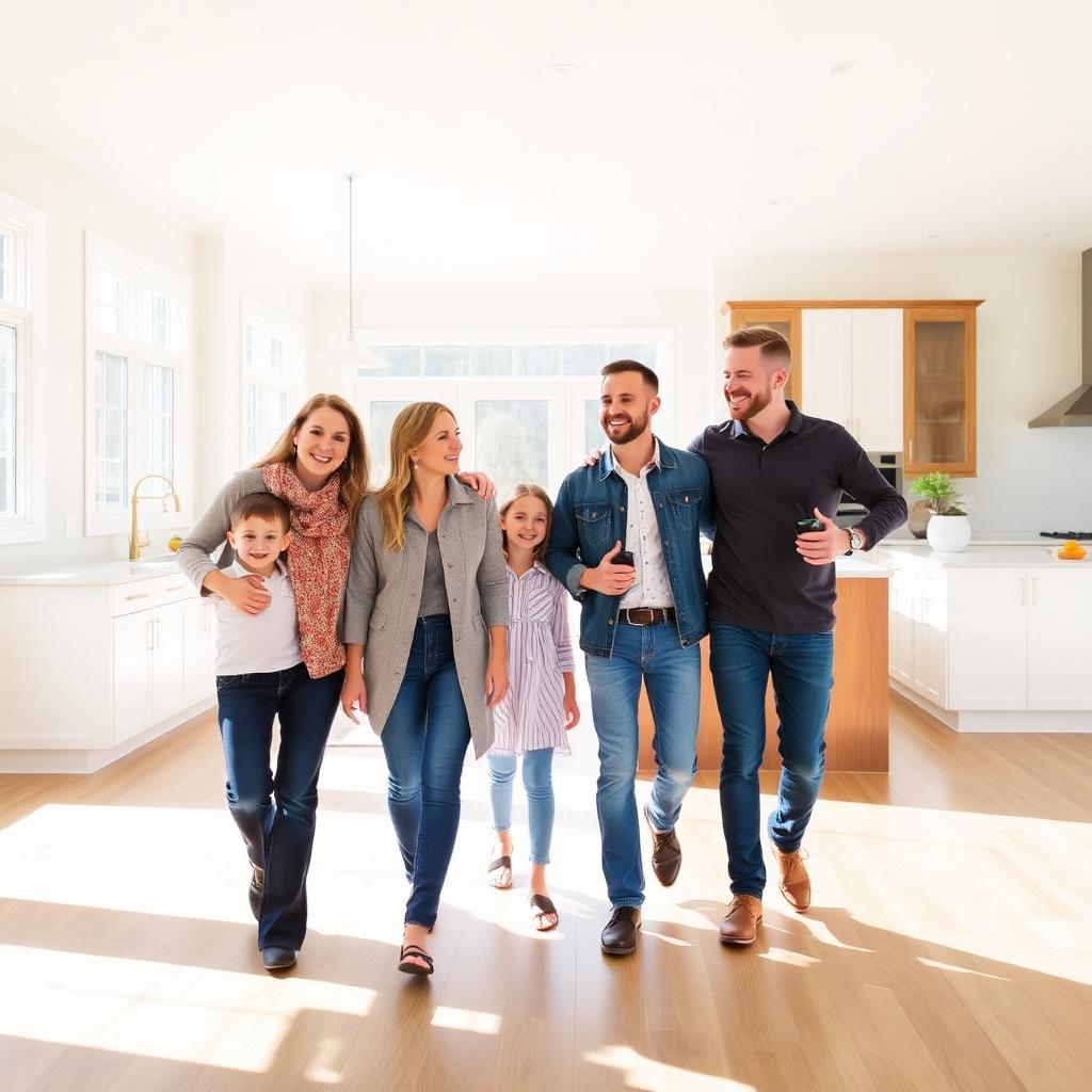 Happy family touring a bright newly-built custom home with their builder