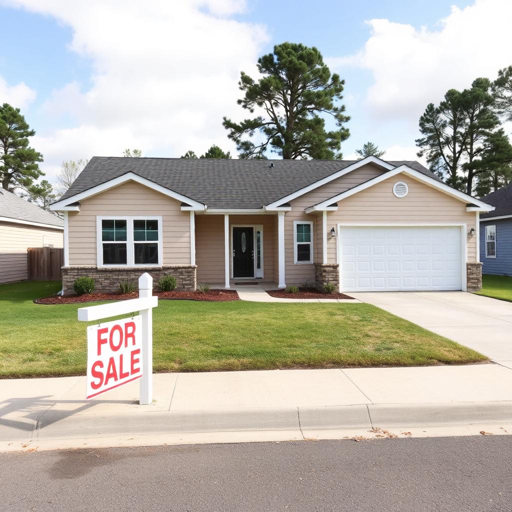 Quiet suburban model home with a For Sale sign and no visitors
