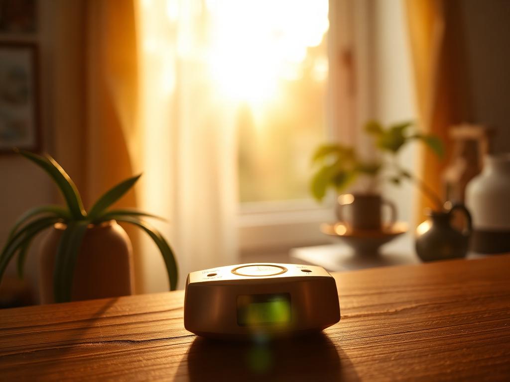 Hot summer afternoon home interior with thermostat in foreground