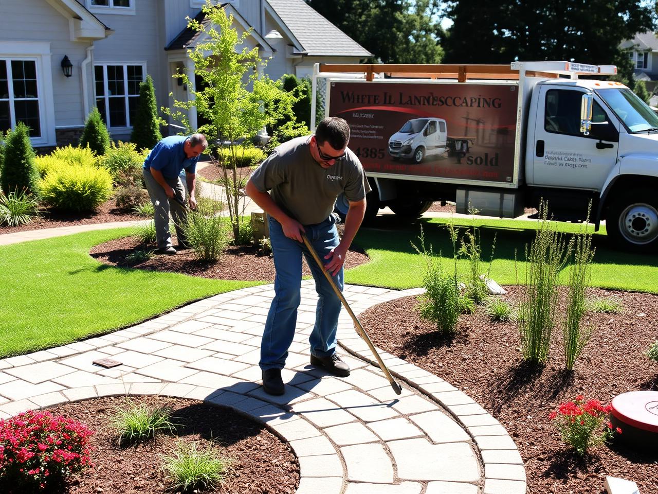 Professional landscape crew installing pavers and rolling out fresh sod / turf in a front yard