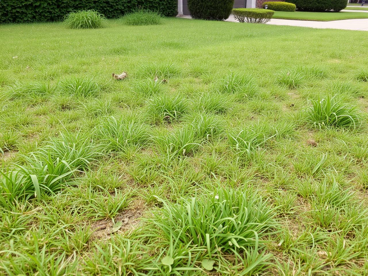 Patchy, struggling lawn next to a half-installed yard needing professional care