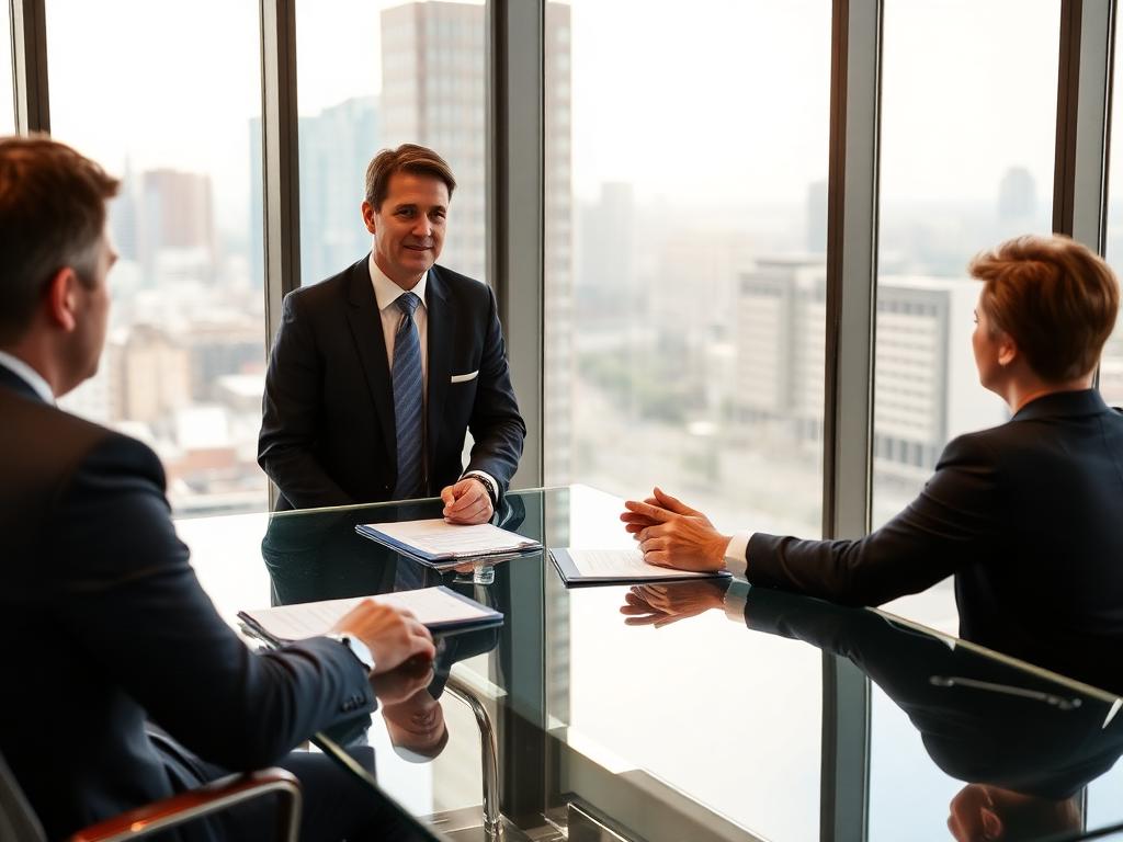 Confident attorney consulting with clients in a glass conference room