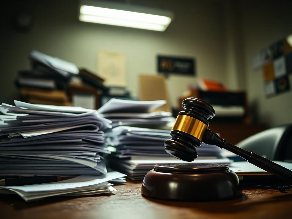 Cluttered desk piled with legal documents under harsh fluorescent light