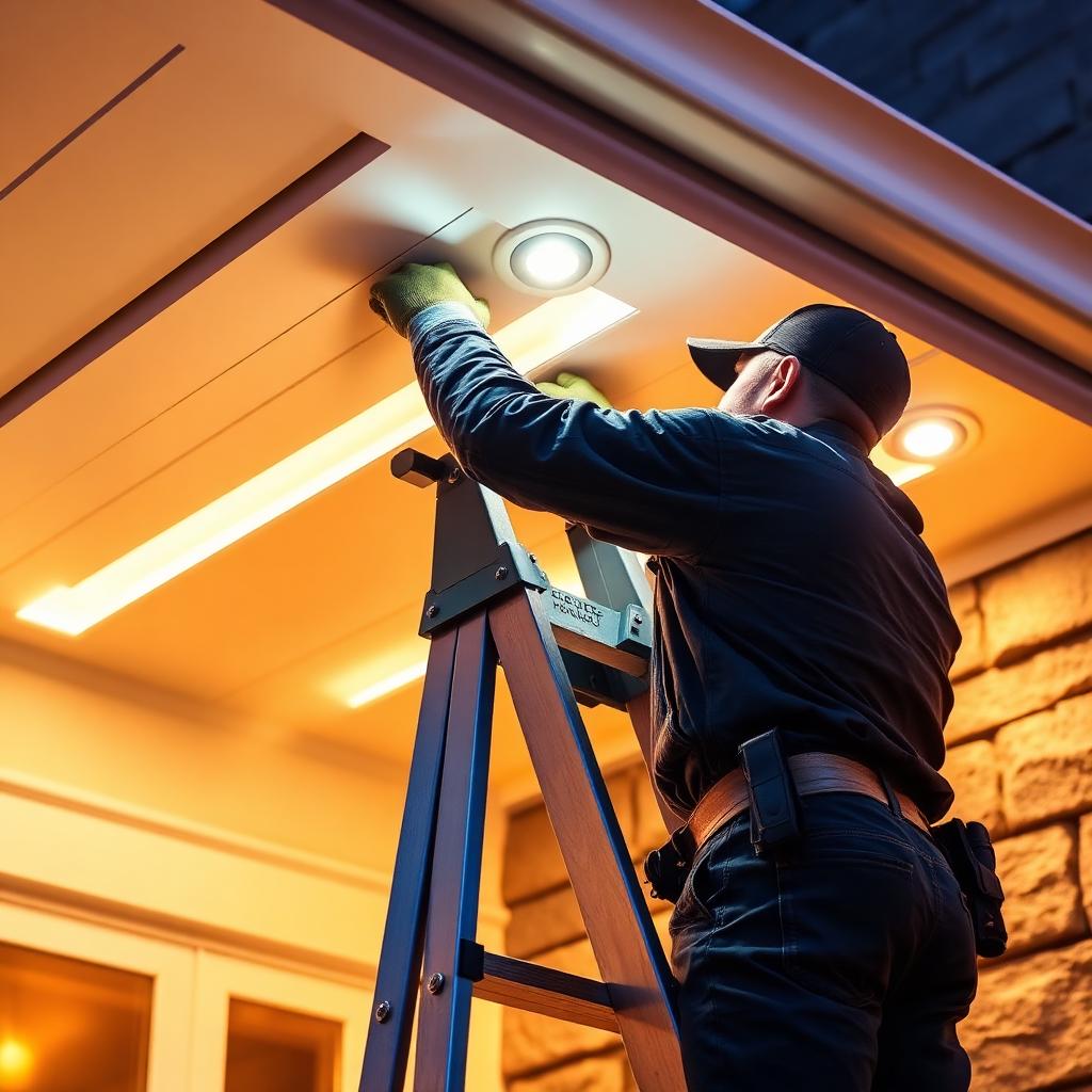 Professional installer mounting permanent LED lighting under a home's soffit