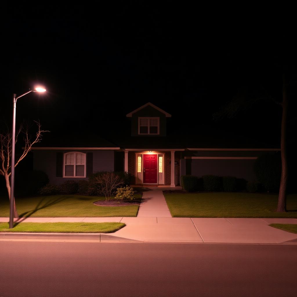 Dark unlit suburban home at night with poor curb appeal