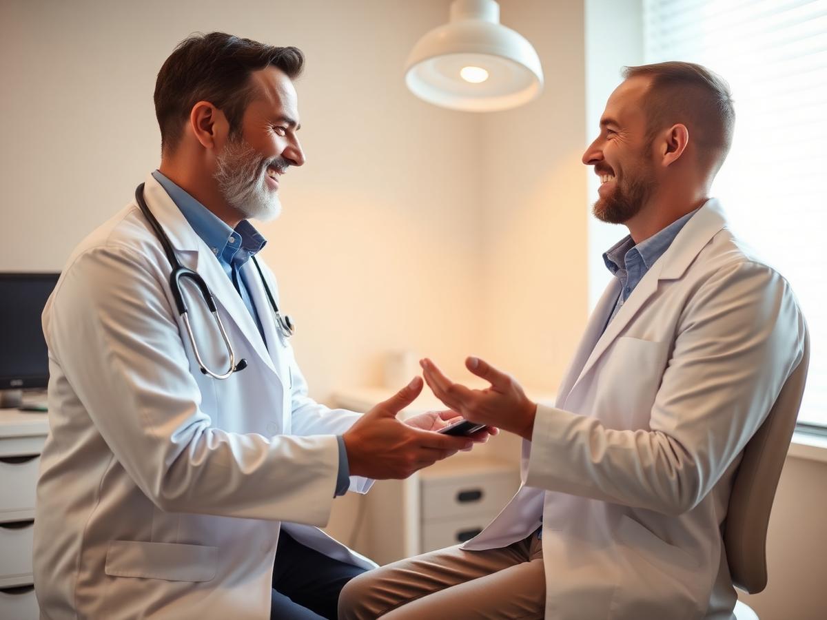 Friendly doctor consulting patient in bright modern exam room
