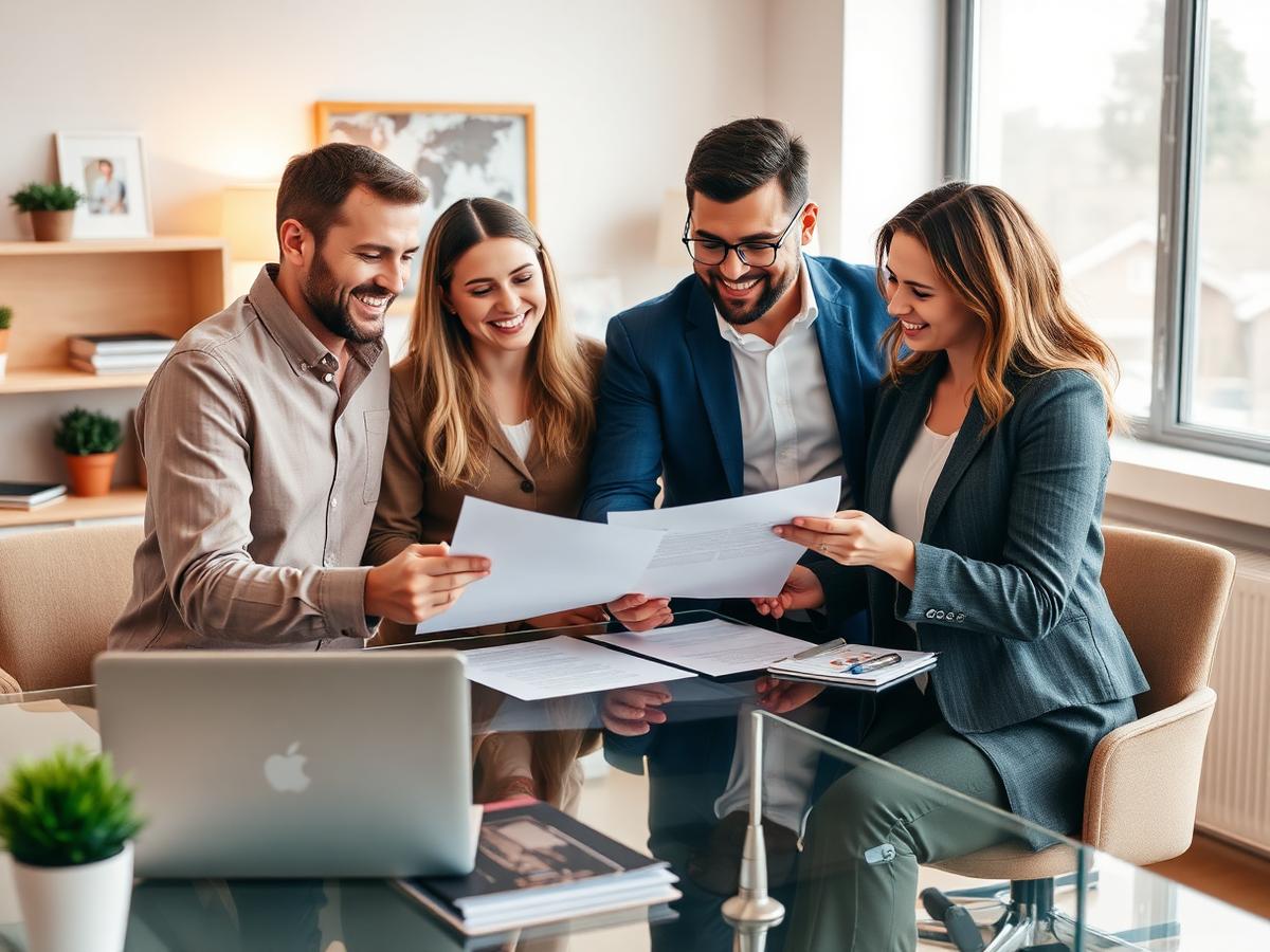 Loan officer reviewing documents with happy homebuyers in a bright office