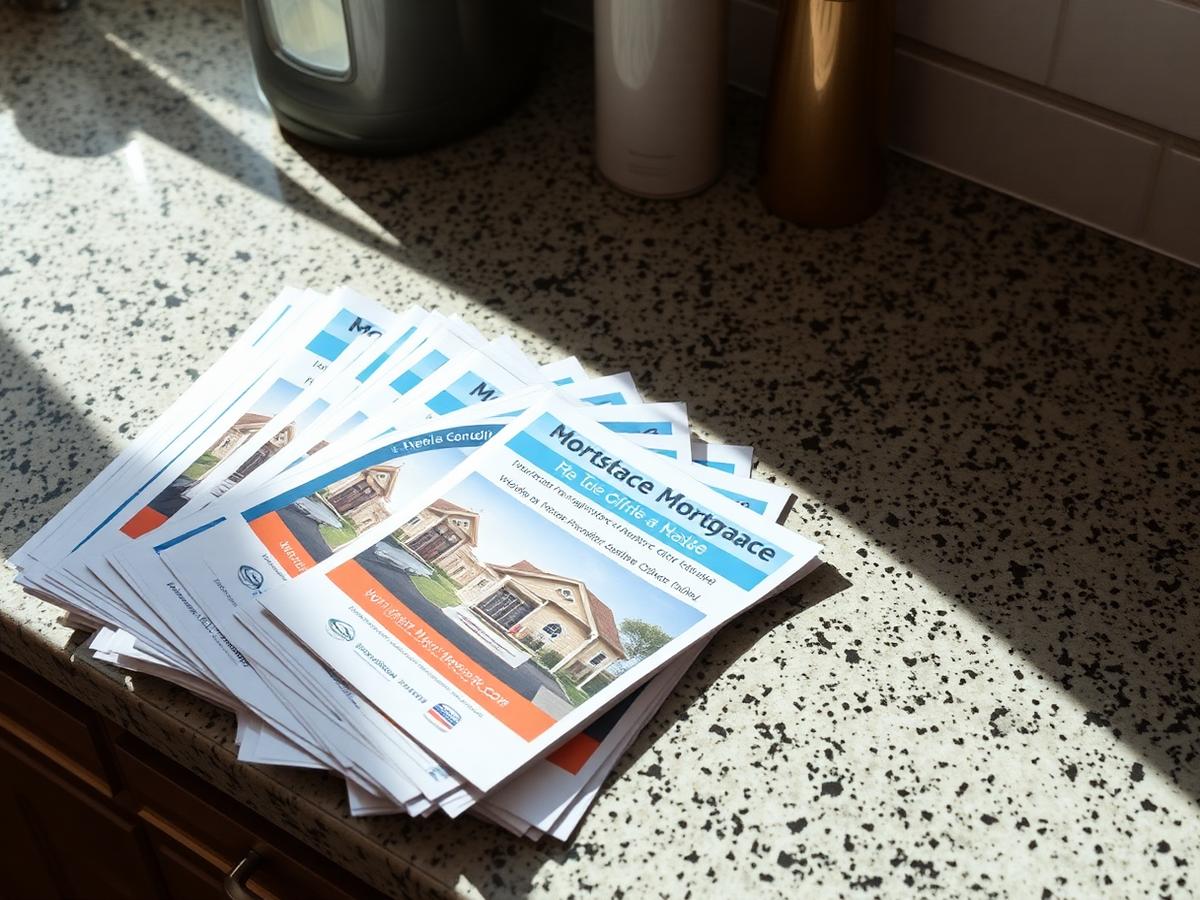 Pile of generic mortgage rate flyers on a kitchen counter