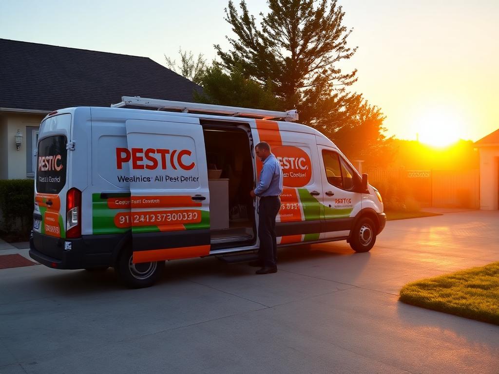 Branded pest control fleet van in a clean residential driveway