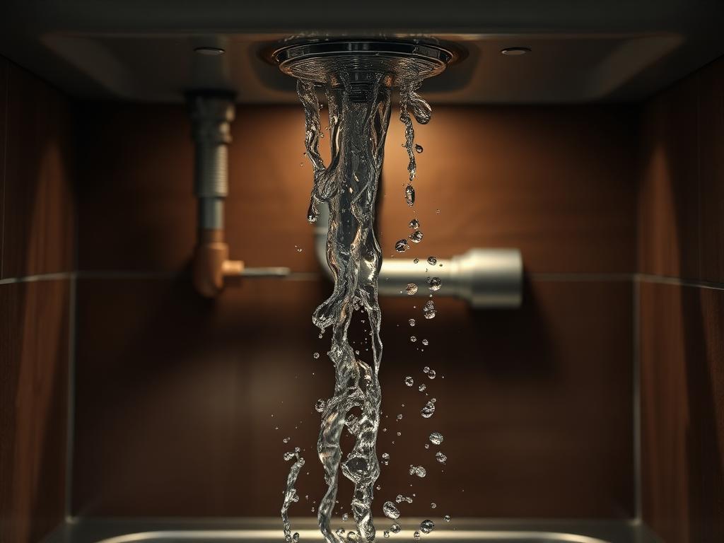 Burst pipe leaking water under a kitchen sink