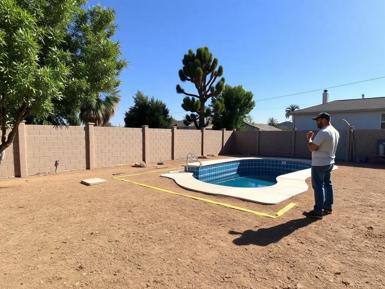 Empty backyard with tape outline of future pool