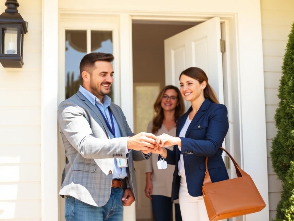 Real estate agent handing keys to a smiling young couple at their new front door
