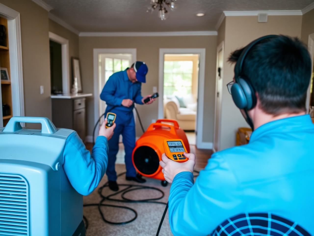 Restoration technicians using air movers and moisture meters