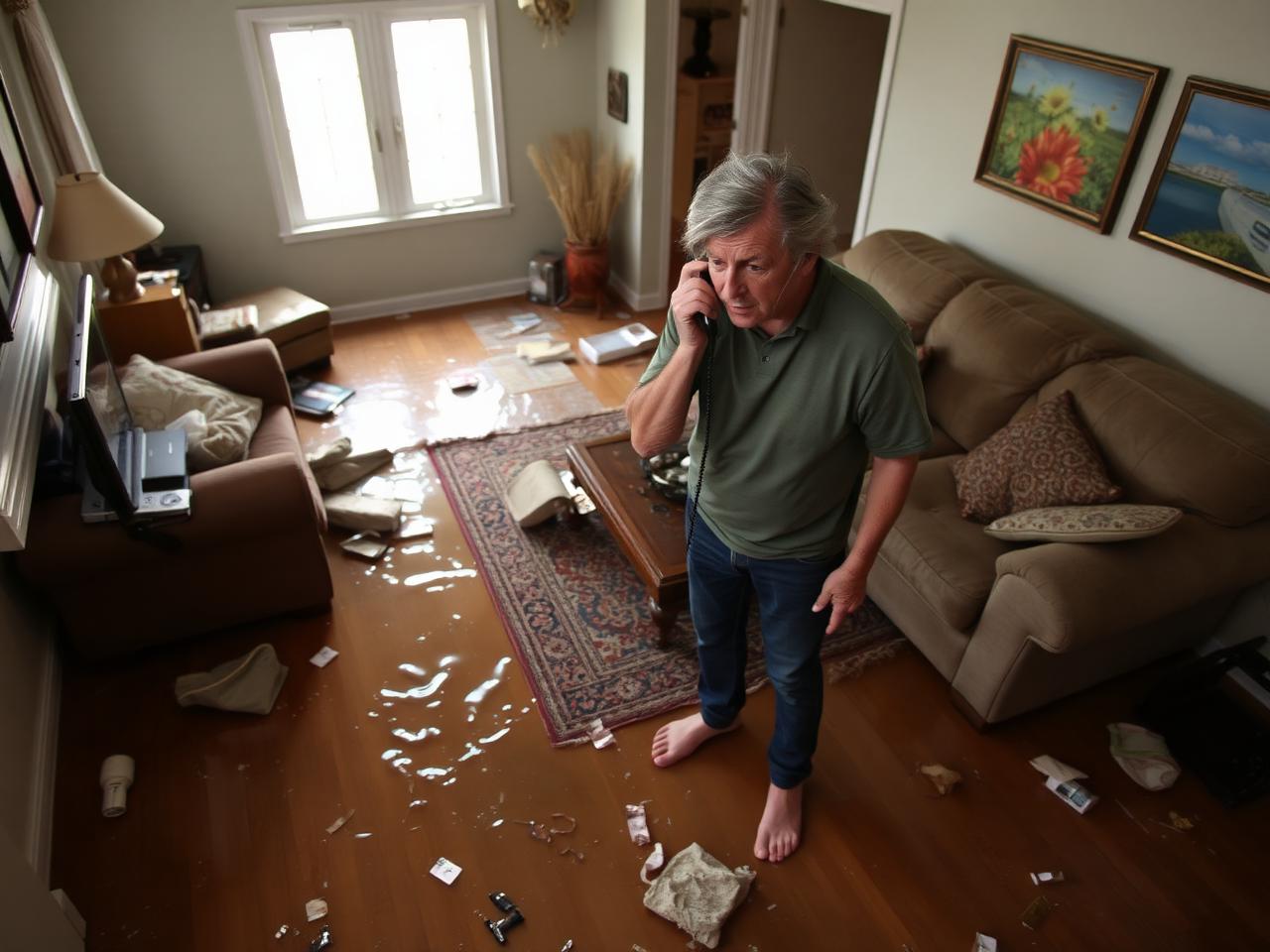 Distressed homeowner on phone in water-damaged living room
