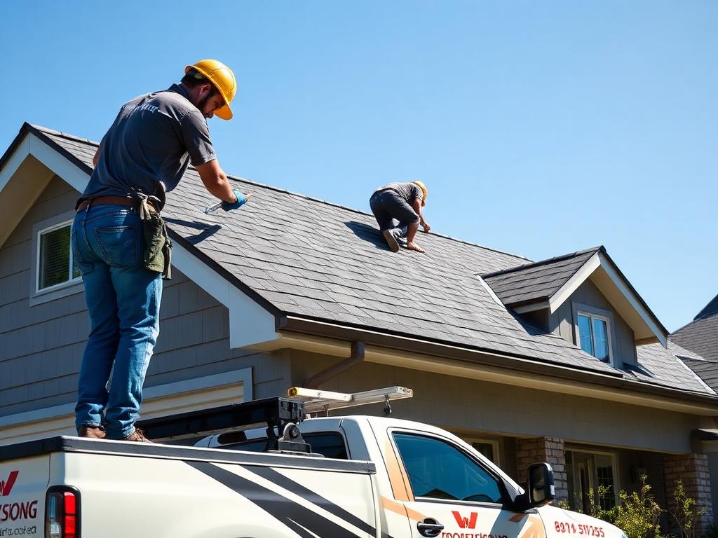 Professional roofing crew installing new shingles on a sunny day