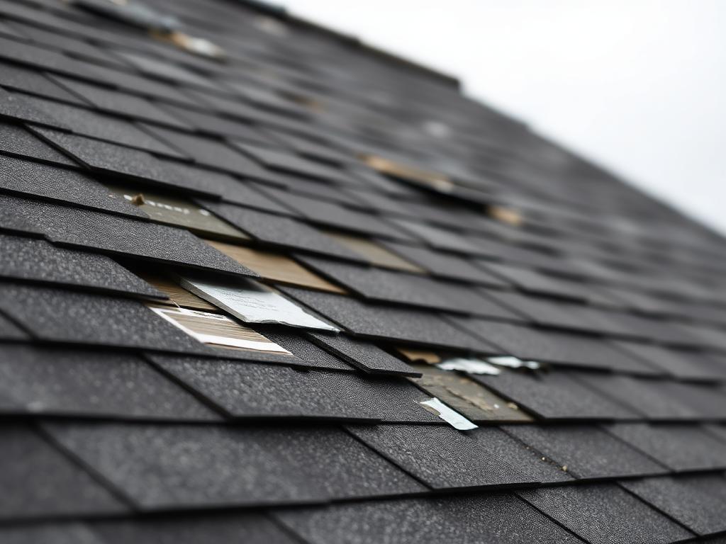 Close-up of damaged asphalt shingles with hail impact