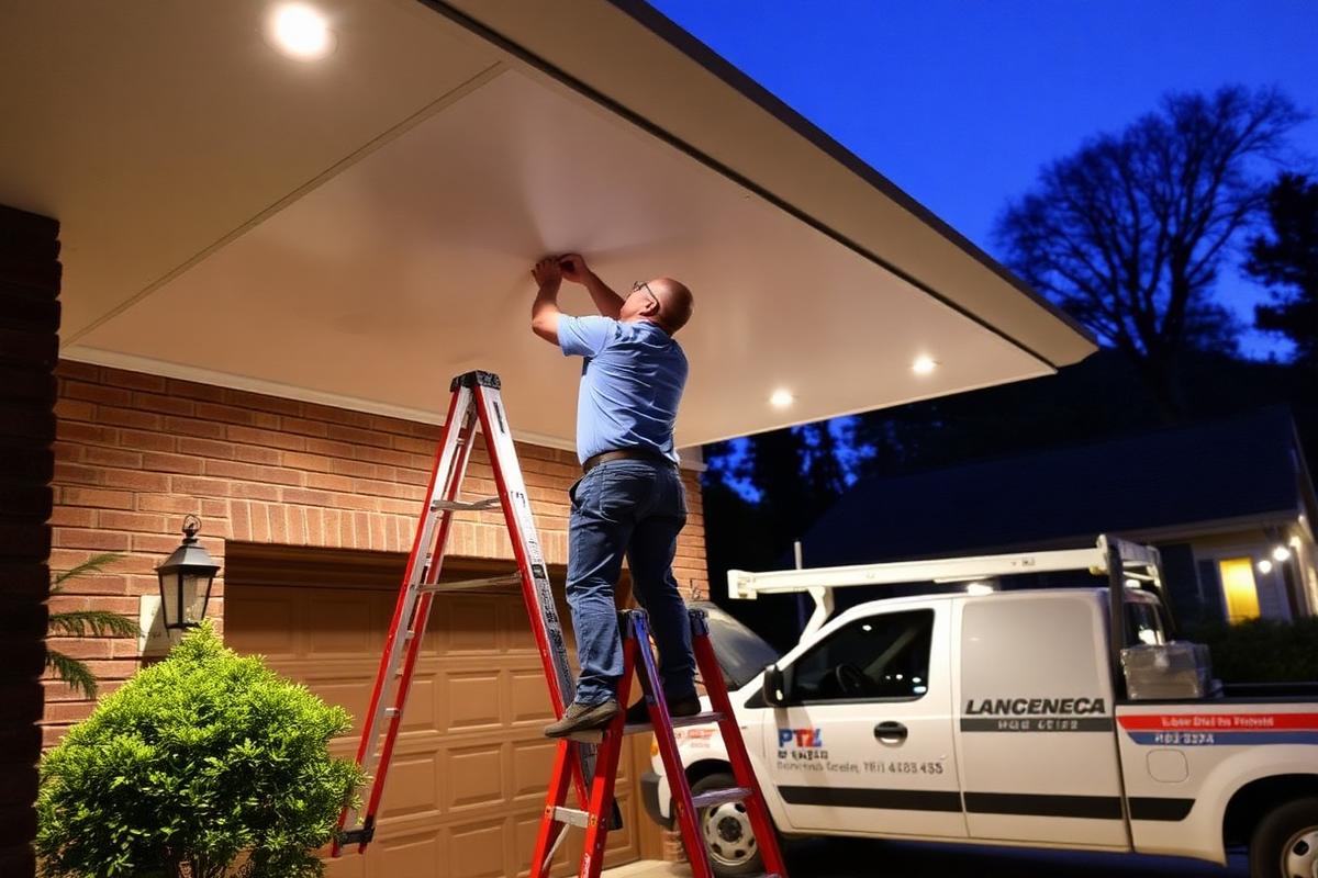 Professional installer mounting permanent LED soffit lighting under a home's eaves
